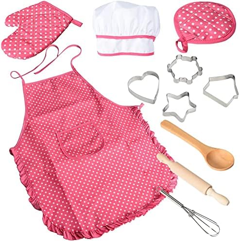 Acekid Chef Set for Kids,11pcs Kitchen Costume Role Play Kits, Girls Apron with