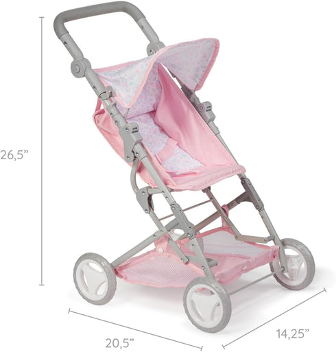 18" 3+ JC Toys - Berenguer Boutique | Fashionable Stroller with Canopy and Storage | Simple Folding |Pink Floral