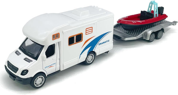 Metanyl Motorhome Camper Trailer Towing Speed Boat Model Diecast Toys for Boys Pull