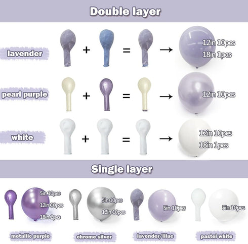 Pastel Purple White Balloon Arch Double Stuffed, Light Lavender Pearl Balloon Garland Kit with Metallic Lilac Silver