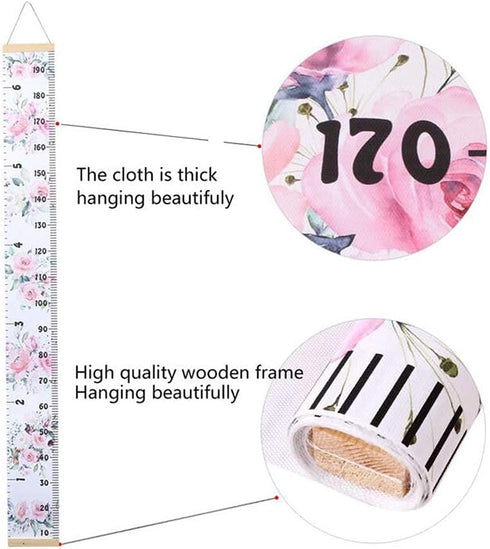 Baby Growth Chart Ruler Wall Hanging Measurement Chart with Wood Frame for Kids Nursery Room 8'' x 79'' (Pink Flower)