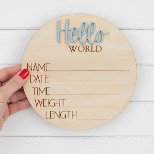 TTMerriwood Hello World Wooden Baby Birth Announcement Sign, Newborn Name Date Time Weight Length Board, Neutral