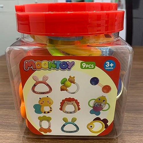 MOONTOY Baby Rattles Teether Set, 9PCS Sensory Toys for 0-12 Month Old Baby Boy Girl, Early Development Gifts