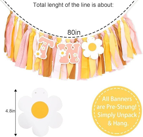 UOAOU 2nd Groovy Two Birthday High Chair Banner - Two Groovy Birthday Decorations,Retro Daisy Party Hghchair,Hippie