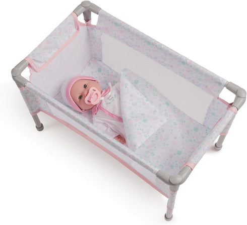 18" 3+ JC Toys - Berenguer Boutique | Travel Folding Crib - Playpen with Accessories | Pink Floral Collection |