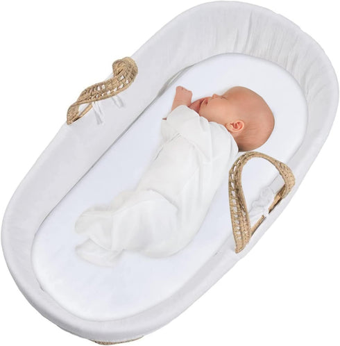 Bassinet Sheet Set, 2 Pack Cotton Fitted Sheets for Oval Rectangle Bassinet Mattress, Super Soft White