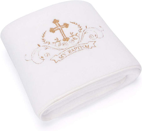 Cozy My Baptism Baby Christening Dedication White Blanket with Embroidered Cross Premium Soft Warm Coral Fleece