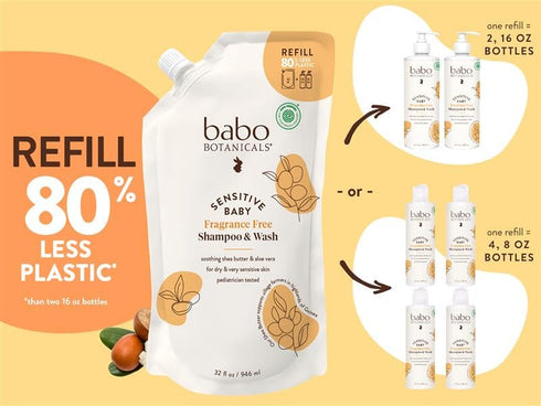 2-in-1 Babo Botanicals Sensitive Baby Fragrance-Free Shampoo & Wash - Shea Butter, Calendula & Aloe Vera - EWG Verified