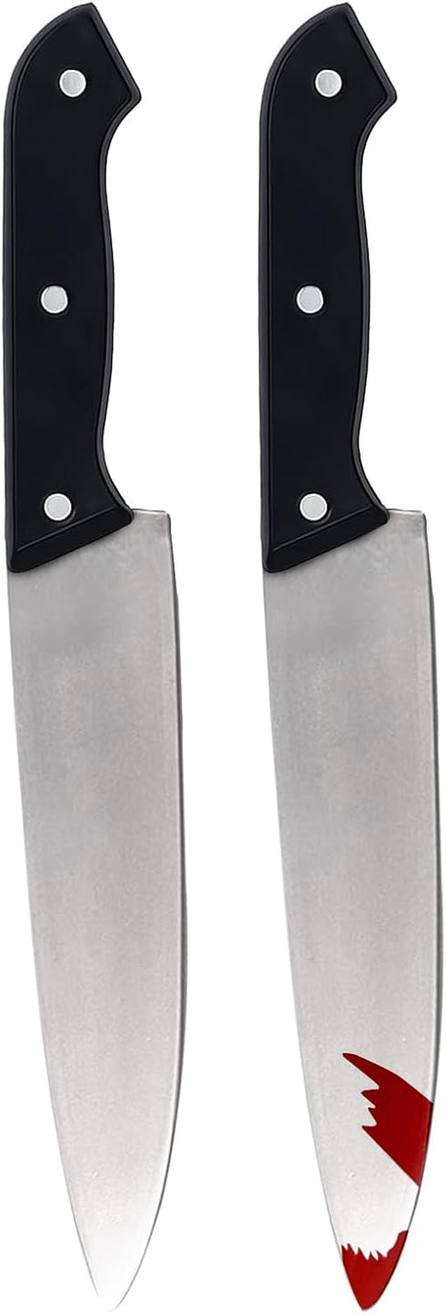 UQJE 2PC Fake Knife with Blood Halloween Butcher Silver Kitchen Knife Toy