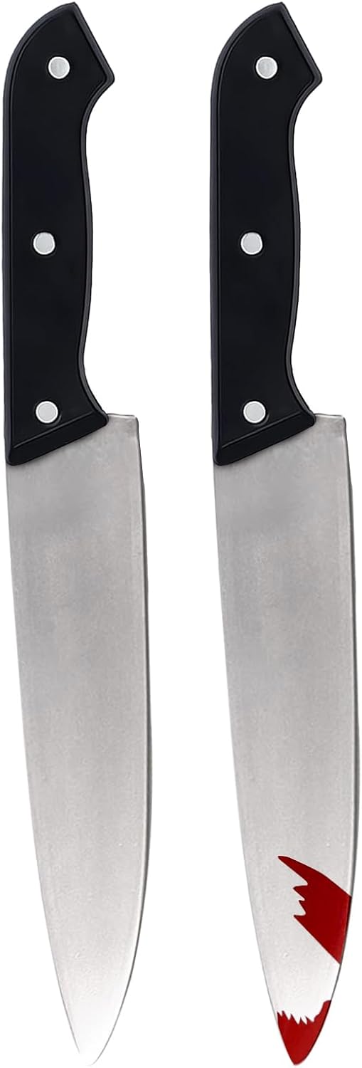 UQJE 2PC Fake Knife with Blood Halloween Butcher Silver Kitchen Knife Toy