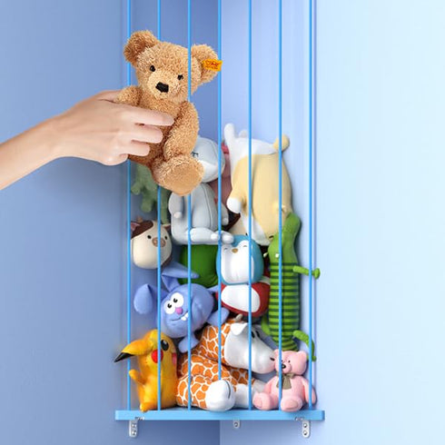 Corner Stuffed Animal Storage, Plush Toy Organizer with Adjustable Length, Wall Hanging Shelf for Kids Room (Blue)