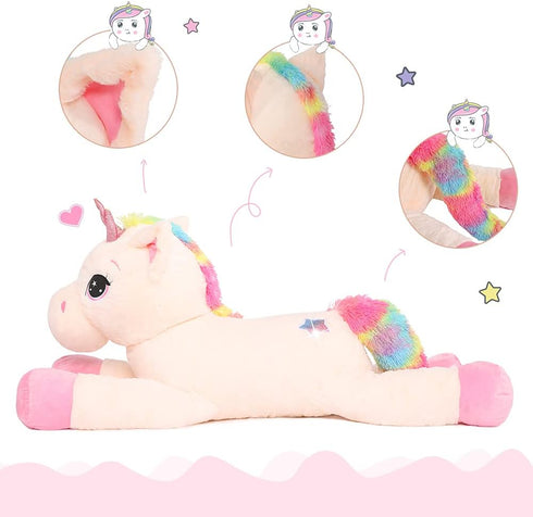 43'' Big Unicorn Plush Toy - Off-White Stuffed Animal, Lovely Beige Unicorn Birthday Decorations for Girls