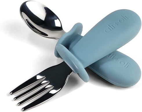 Ali+Oli Spoon & Fork Learning Set for Toddlers - Powder Blue, BPA Free, Ergonomic Design for Self Feeding