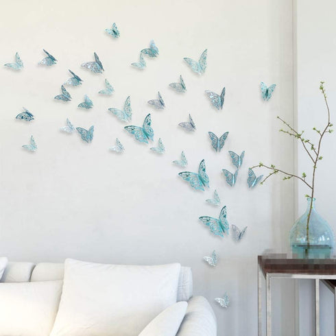Cheerland 48 Pcs 3D Teal Blue Butterfly Wall Stickers, Removable Metallic Room Decals for Nursery & Party Decorations