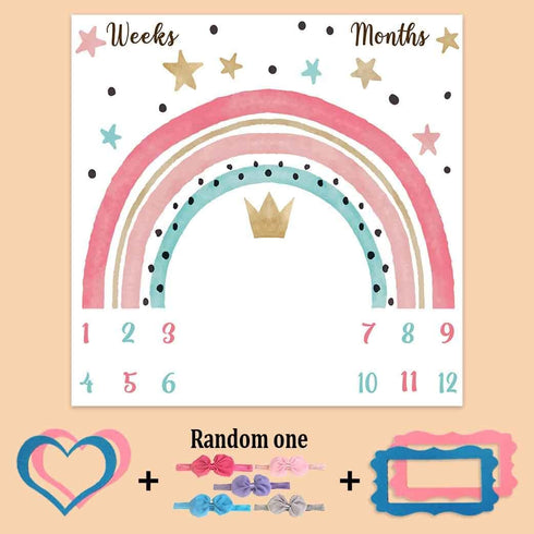 Colorful Rainbow Baby Monthly Milestone Blanket, Girl Crown Star Pattern, Newborns 1 to 12 Months Unisex Include 4 Frames and 1 Headband 47"x47" BTLSPH634 by PHMOJEN