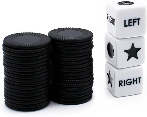 Left Right Center Dice Game Set with 3 Dices + 36 Black Chips for Family Game Night