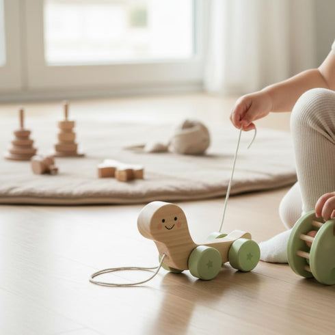 12m+ Pearhead Wooden Turtle Push and Pull Toy, Montessori Shake and Rattle Shell, Baby Walking and Gross Motor