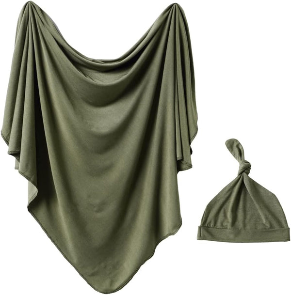iEvolve Cotton Knitted Baby Swaddle Blanket with Hat Headband Set, Newborn Swaddle Wrap 45" x 45" (Oliver Green)