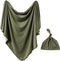 iEvolve Cotton Knitted Baby Swaddle Blanket with Hat Headband Set, Newborn Swaddle Wrap 45" x 45" (Oliver Green)
