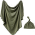 iEvolve Cotton Knitted Baby Swaddle Blanket with Hat Headband Set, Newborn Swaddle Wrap 45" x 45" (Oliver Green)