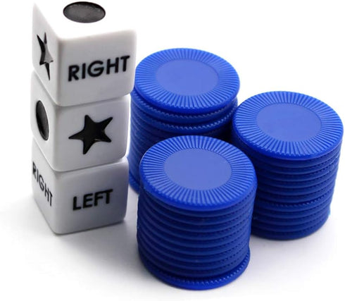 Left Right Center Dice Game Set, 3 Dices + 36 Blue Chips (Blue)
