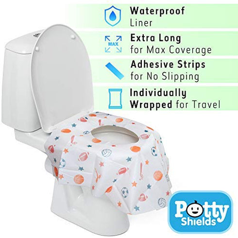 Disposable Toilet Seat Covers (6 Pack, Sports) - XL Waterproof Cover for Toddlers, Kids & Adults, Portable & Wrapped