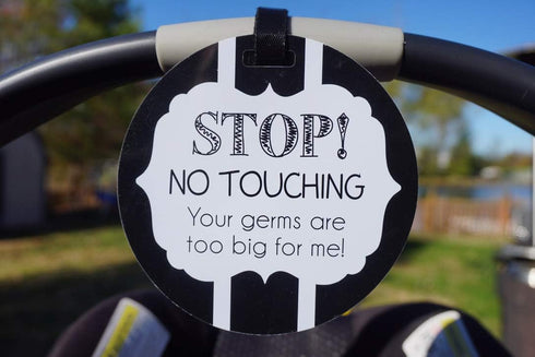 THREE LITTLE TOTS Black and White Stop No Touching Baby Car Seat Sign, CPSIA Safety Tested Stroller Tag