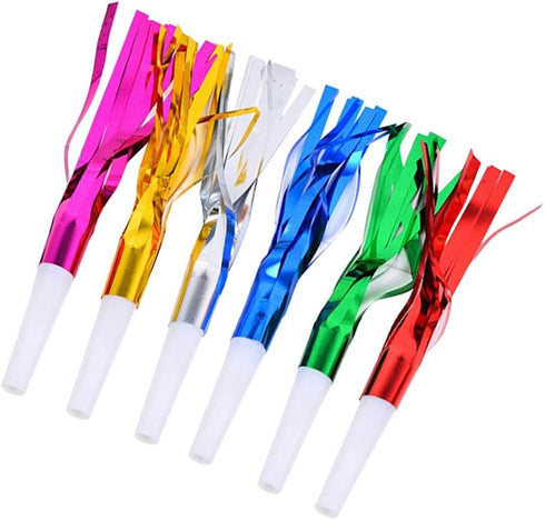 6Pcs Colorful Noise Maker, Metallic Fringed Blowouts Whistles for Birthday Party Favors and Supplies