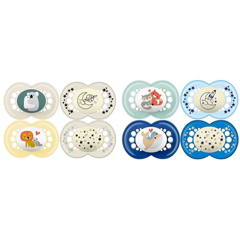 MAM Original + Night 4-Pack, 6+M Unisex & Boy Silicone Pacifiers, Glows in
