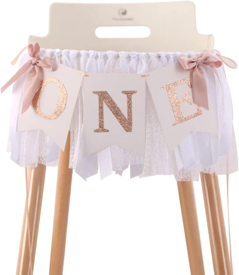 TUTOTU Rose Gold Blush & White 1st Birthday Banner - Highchair Banner, Party