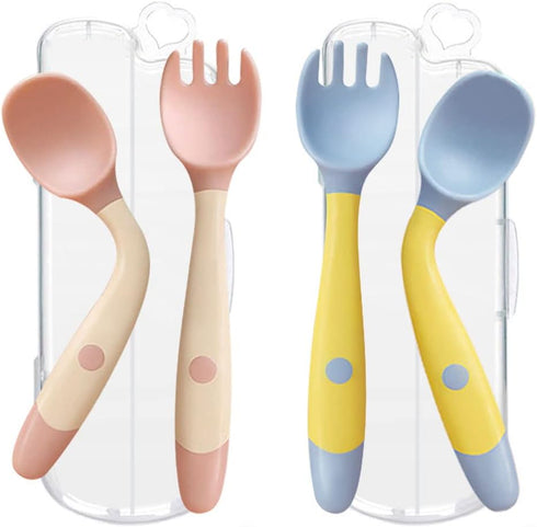 Toddler Utensils with Travel Case, Baby Spoon and Fork Set for Self-Feeding Learning, Bendable Handle Silverware for