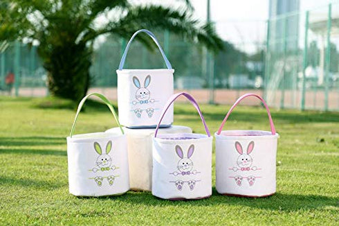 Easter Bunny Personalized Canvas Cotton Egg Bags for Kids, Rabbit Print Buckets with Fluffy Tail Gifts
