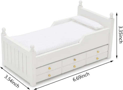 1:12 Dollhouse Miniature Bed with Drawer Wooden Furniture European Bedroom Bedding Furniture Accessories with Pillow