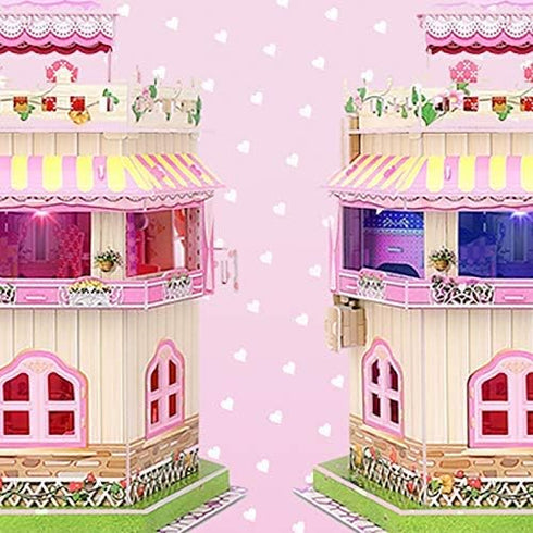 Rooftop Romance 3D Puzzle Dollhouse for Girls - Easy to Assemble 3-D Miniature Doll House Building Kit with LED Light for Kids - Educational Paper Jigsaw Puzzles - Perfect Craft Toys Gift - 101 Pcs