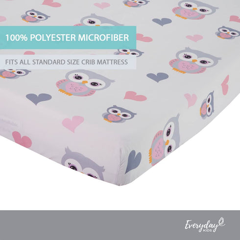 EVERYDAY KIDS Baby Girl Fitted Crib Sheet, Sweet Owls, 100% Soft Breathable Microfiber, Fits Standard Crib