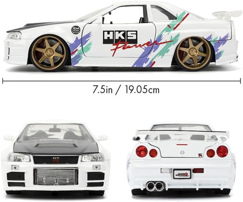 1:24 2002 (R34), 8+(Glossy Jada Toys JDM Tuners Die-Cast Nissan Skyline GT-R Opening Doors, Detailed Interior, Rubber
