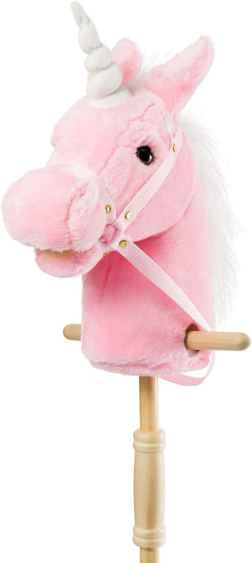 HollyHOME Plush Unicorn Stick Horse with Wood Wheels Real Pony Neighing and