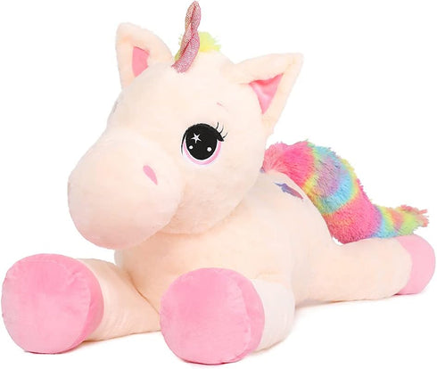 43'' Big Unicorn Plush Toy - Off-White Stuffed Animal, Lovely Beige Unicorn Birthday Decorations for Girls