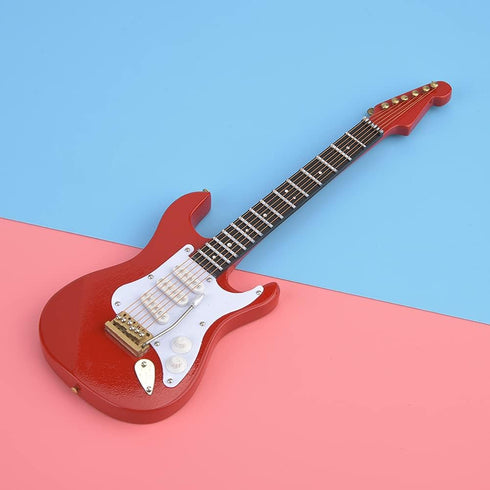 Wooden Miniature Guitar - Mini Electric Guitar with Stand, Decorative Dollhouse Accessories (Red)