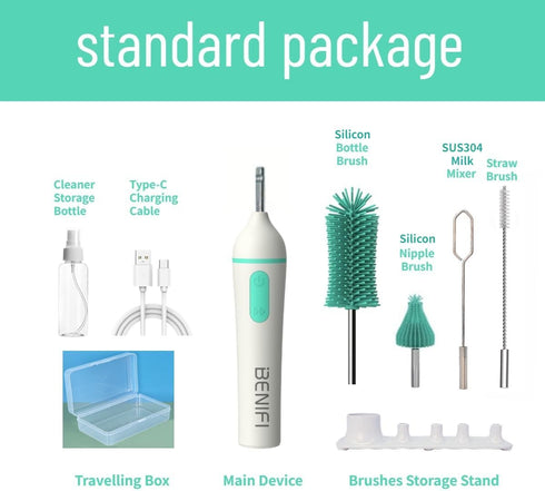 Benifi Set, Travelling Electric Bottle Brush Cleaner, Baby Bottle Brush Fully Water -Proof Bottle Brush, Long Handle