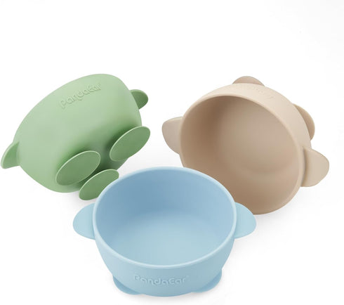 PandaEar 3 Pack Baby Suction Bowls - Stay Put Silicone Food Bowl for Babies Led Weaning, BPA-Free (Blue/Green/Brown)