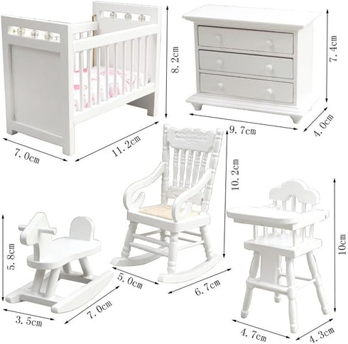 White Wooden Nursery Bedroom Dollhouse Furniture Set (5pcs) 1:12 Scale, Non-Toxic Paint