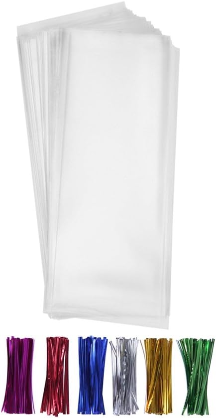 200 Clear Treat Favor Bags, 3X11 with Twist Ties, 6 Mix Colors - 1.4mils Thickness OPP Plastic Bags