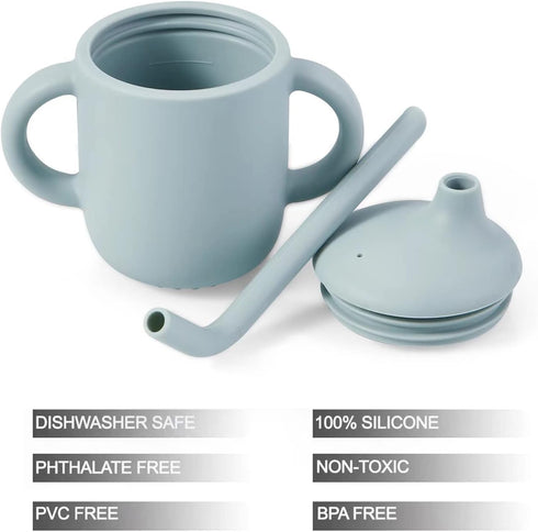 PandaEar 2 Pack Tiny Silicone Drinking Training Cup with Handles & Straw for Baby and Toddler (White Blue)