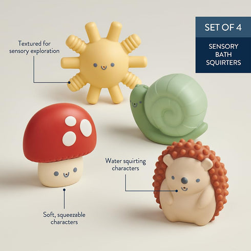 Set 4 Itzy Ritzy Water-Squirting Sensory Bath Toys Soft, Textured & Easy to Squeeze for Babies & Toddlers Characters