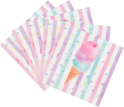 WERNNSAI Ice Cream Party Supplies - Disposable 3 Ply Pink Sweet Ice Cream Themed Birthday Napkins for Girls