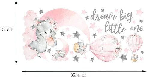 WEWINLE Dream Big Little One Elephant Wall Stickers, Pink Moon Hot Air Balloon Grey Stars Wall Decals for Nursery Kids