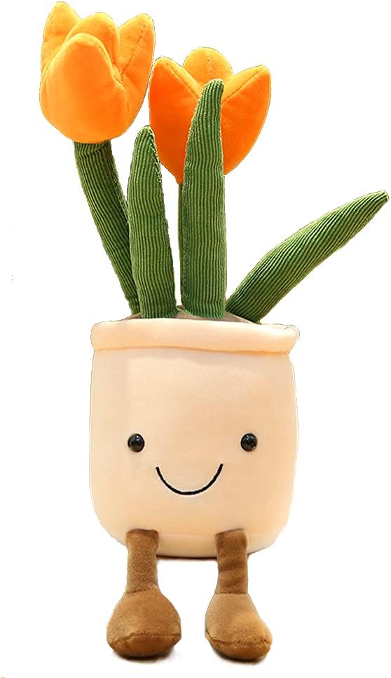 Tulip Plush Toy, 13" Orange Flower Pot Stuffed Plushie Pillow Doll, Soft Fluffy Hugging Cushion - Gift for All Ages