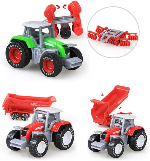 HOMSEEK Set Toy,(Set 4) Kid's Farm Tractor Toys with Trailers,Alloy and ABS Cake Decorating Car Truck Funny Tractor