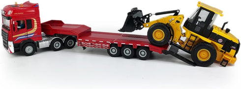 Flatbed Truck Toy with Excavator Loader, Metal Diecast Construction Vehicles 2 in 1 Playset for Boys Kids Gift (Red)